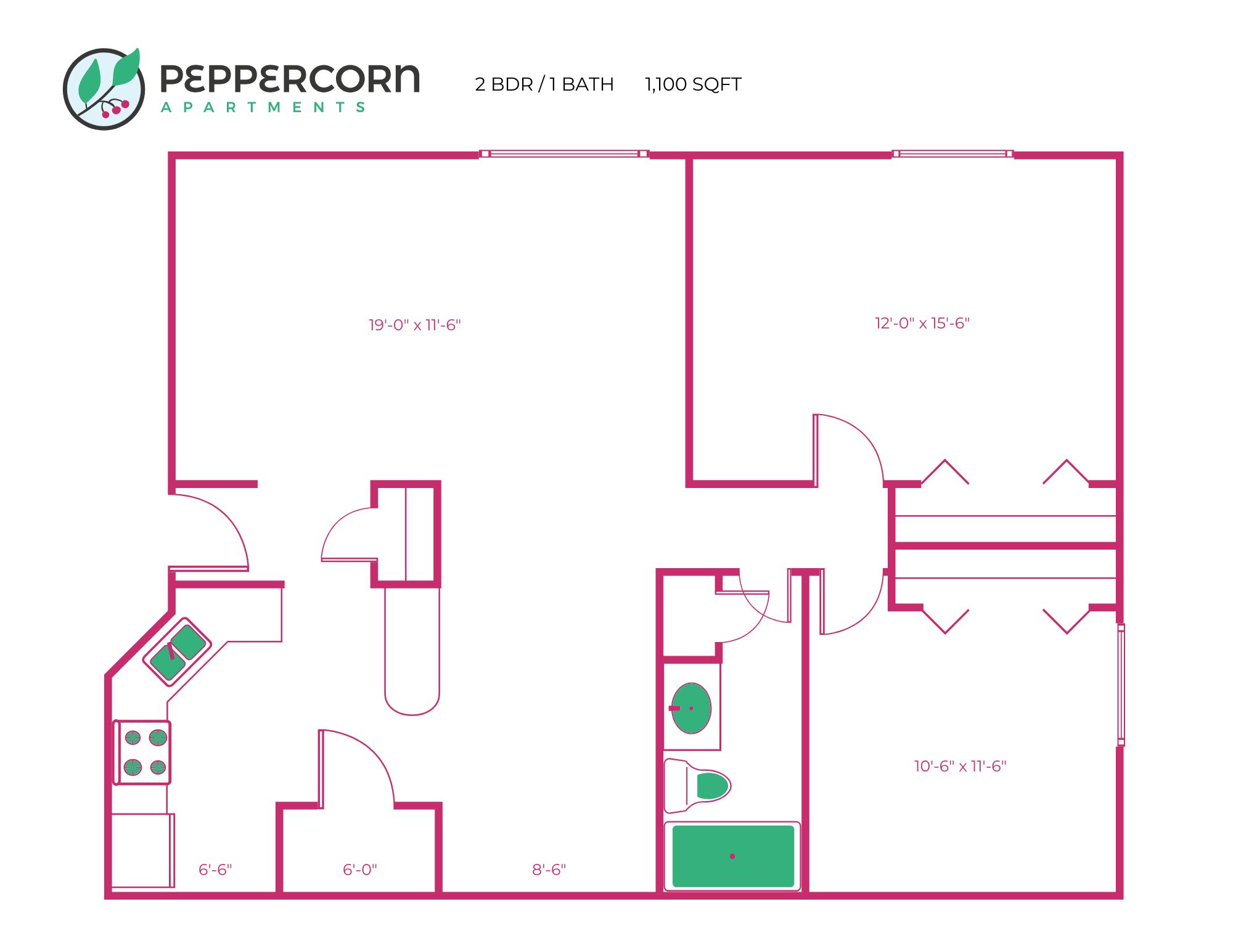 Floor plan for 2 beds, 1 bath, 1100 sqft